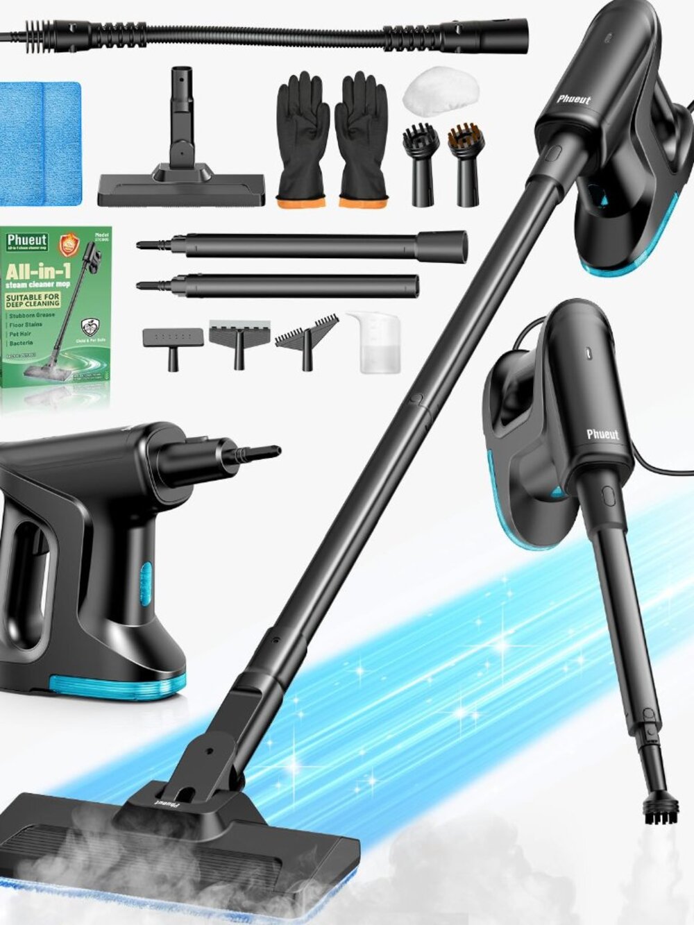 Heavy Duty 14-in-1 Steam Mop Detachable Handheld Cleaner Black